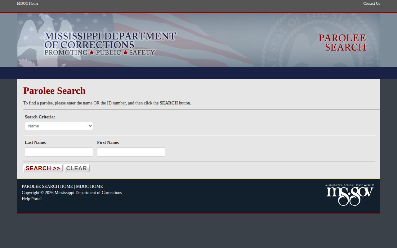 Benton County parole and probation search fields in the Mississippi parolee lookup