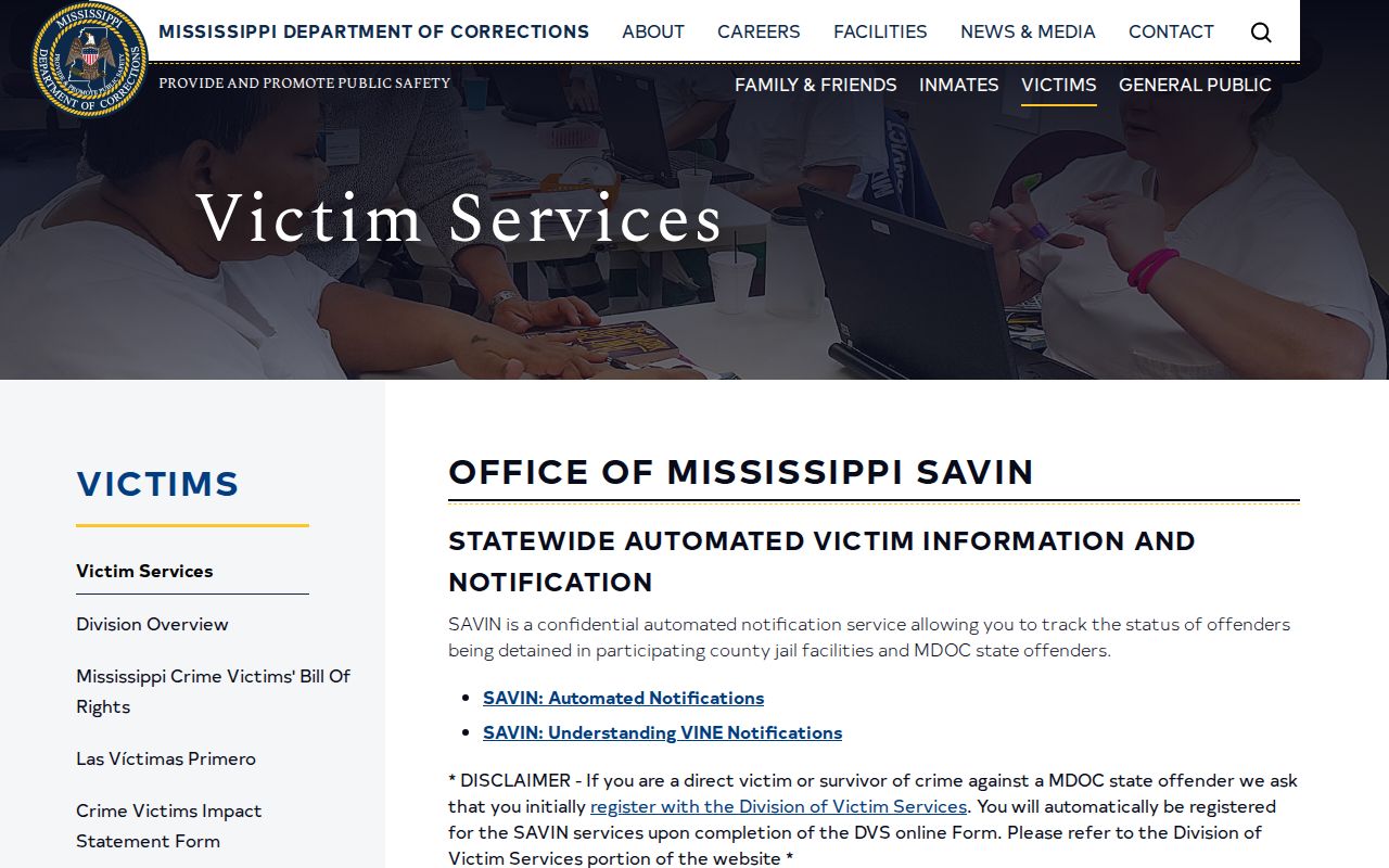 Mississippi SAVIN VINE coverage for Benton County custody checks